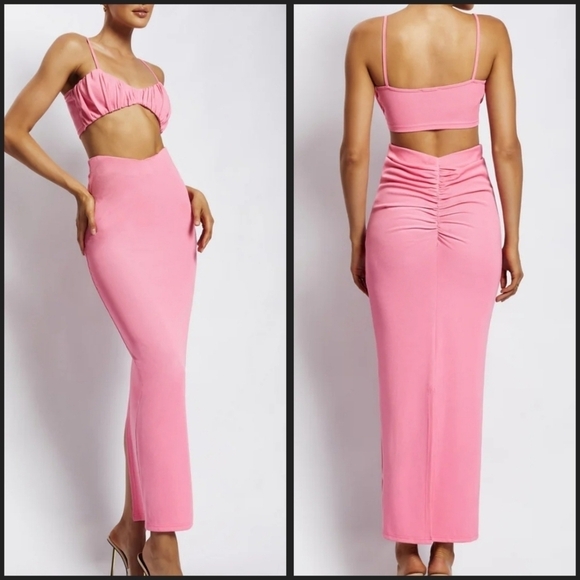 Meshki Jordan Ruched Front V Neck Bralette Crop Top 2 Bundle Set Pink & Stone XS - Picture 8 of 16